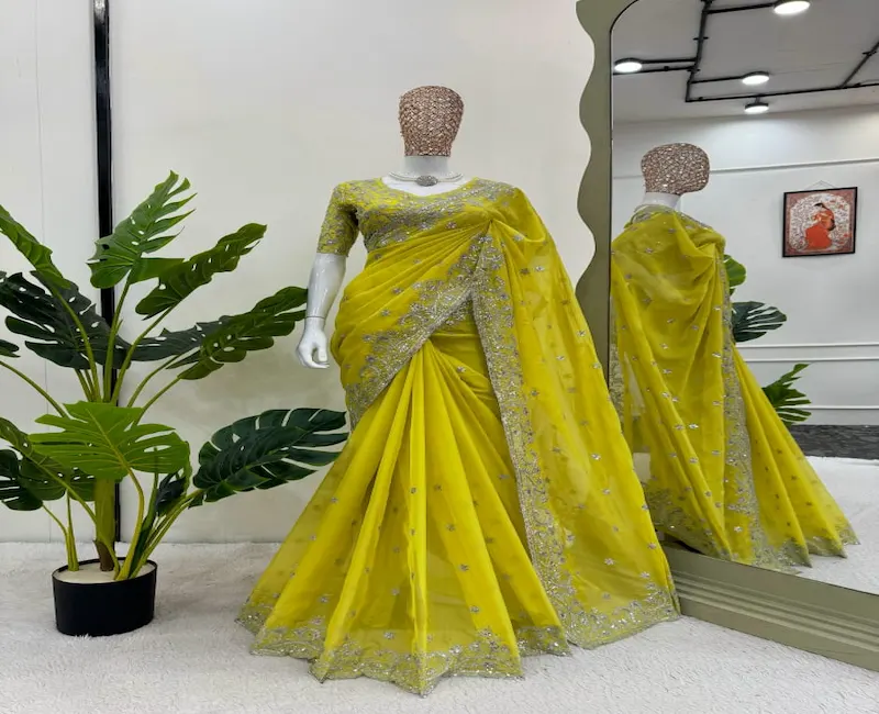 Designer Yellow Tibby Silk Fabric Saree